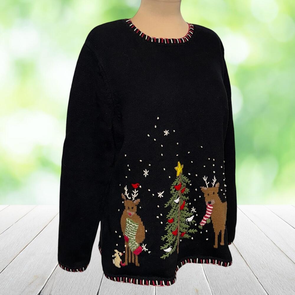 Vintage KORET Hand Embroidered Christmas Sweater Funny Reindeer Tree Black Sz L